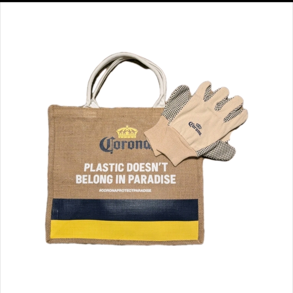 Corona Beer Jute Tote with Garden Gloves - Blue and Yellow Accents